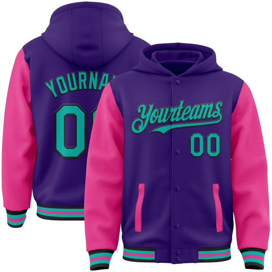 Custom Purple Aqua Pink-Black Bomber Full-Snap Varsity Letterman Two Tone Hoodie Jacket - Main View