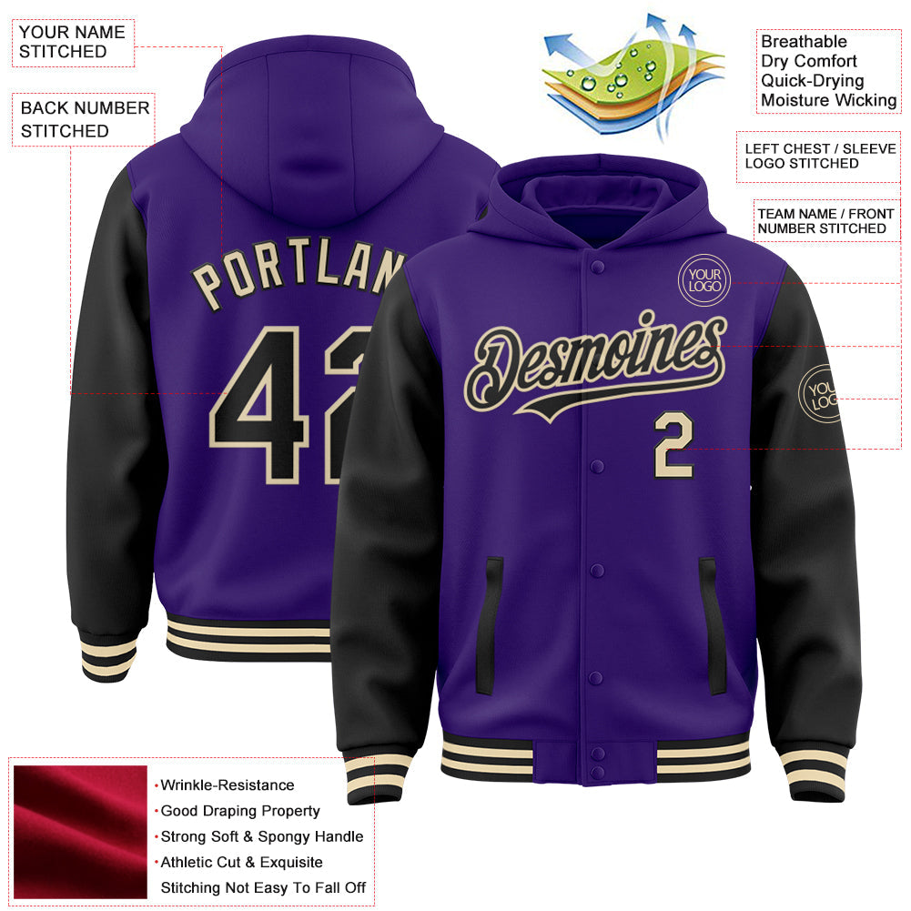 Custom Purple Black-Cream Bomber Full-Snap Varsity Letterman Two Tone Hoodie Jacket view 3