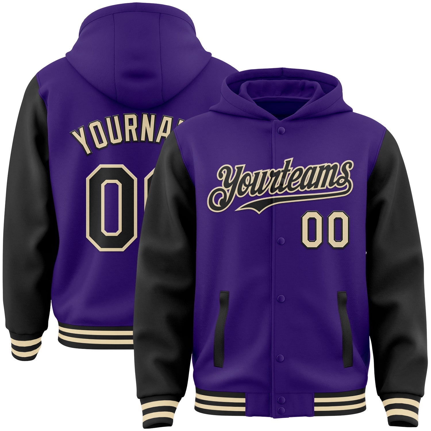 Custom Purple Black-Cream Bomber Full-Snap Varsity Letterman Two Tone Hoodie Jacket - Main View