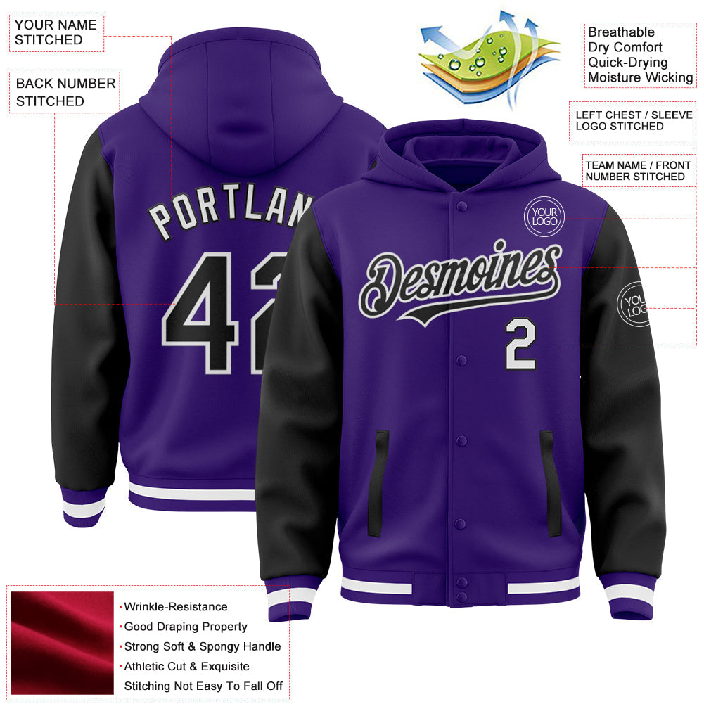 Custom Purple Black-White Bomber Full-Snap Varsity Letterman Two Tone Hoodie Jacket view 3