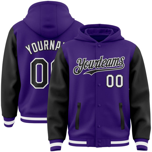 Custom Purple Black-White Bomber Full-Snap Varsity Letterman Two Tone Hoodie Jacket - Main View