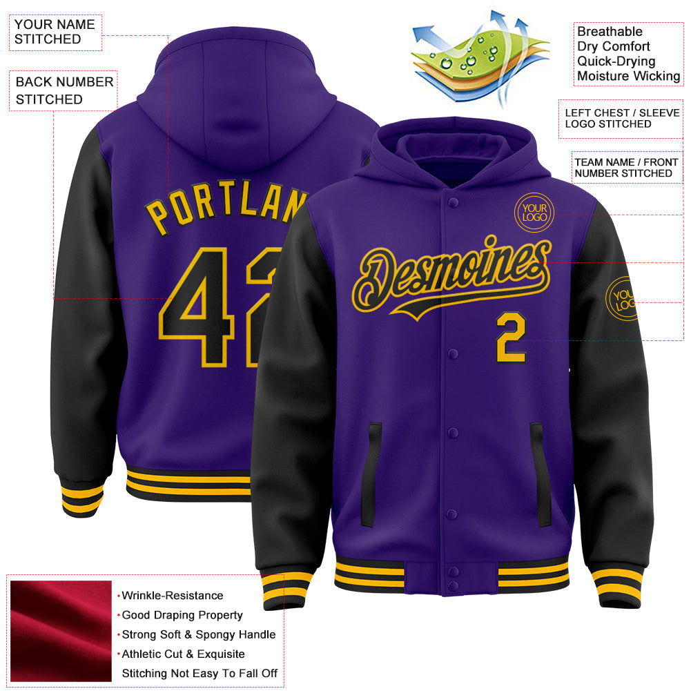Custom Purple Black-Gold Bomber Full-Snap Varsity Letterman Two Tone Hoodie Jacket view 3