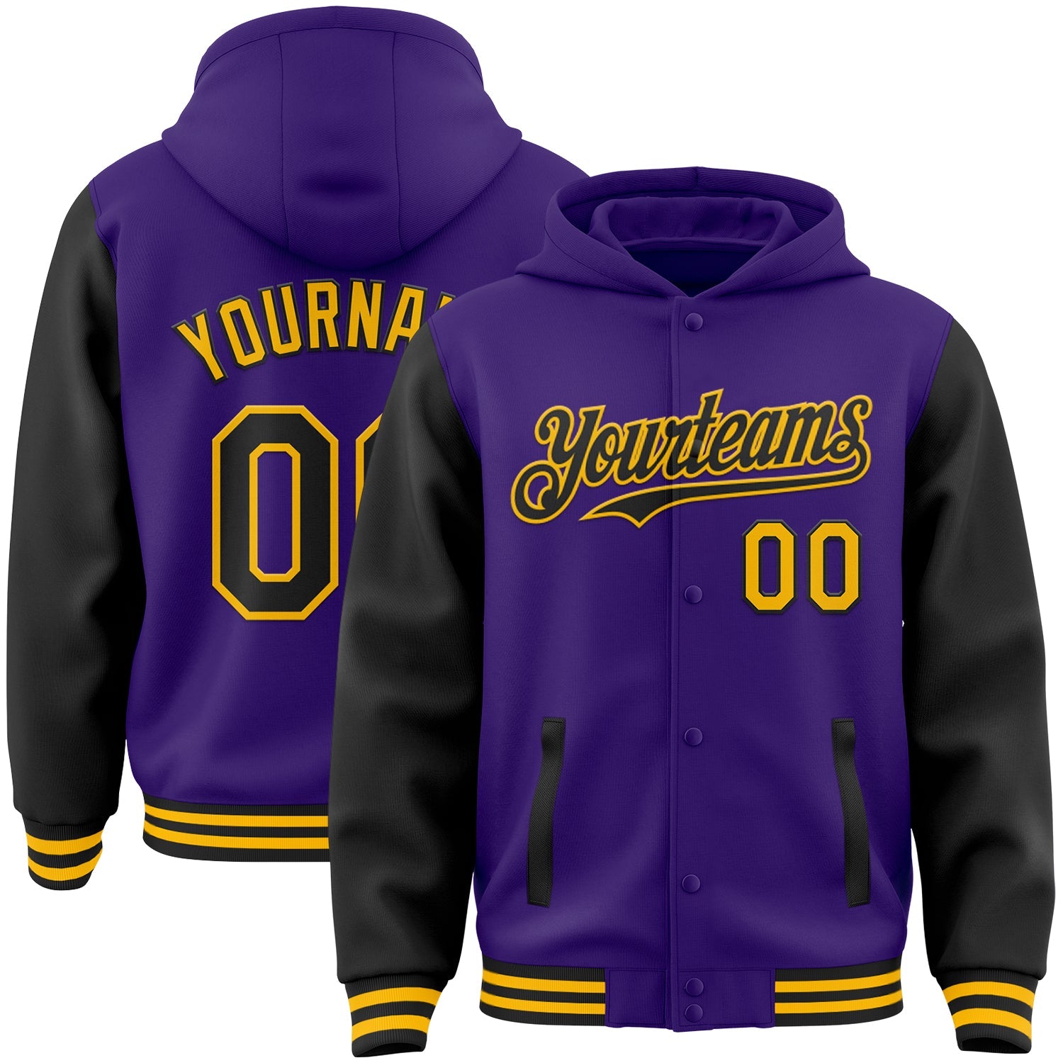 Custom Purple Black-Gold Bomber Full-Snap Varsity Letterman Two Tone Hoodie Jacket - Main View