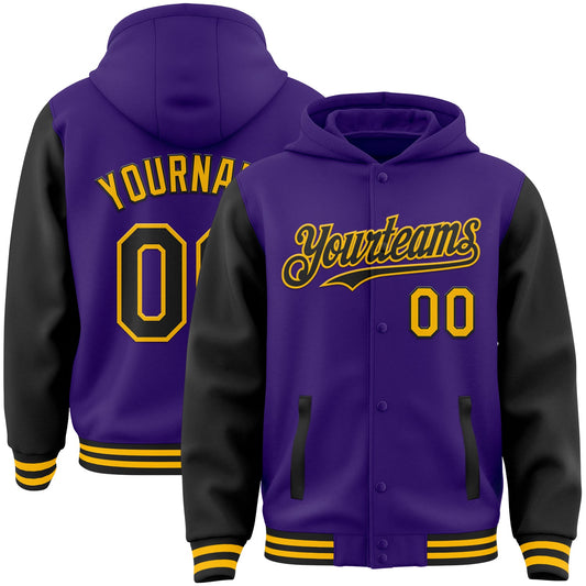 Custom Purple Black-Gold Bomber Full-Snap Varsity Letterman Two Tone Hoodie Jacket - Main View