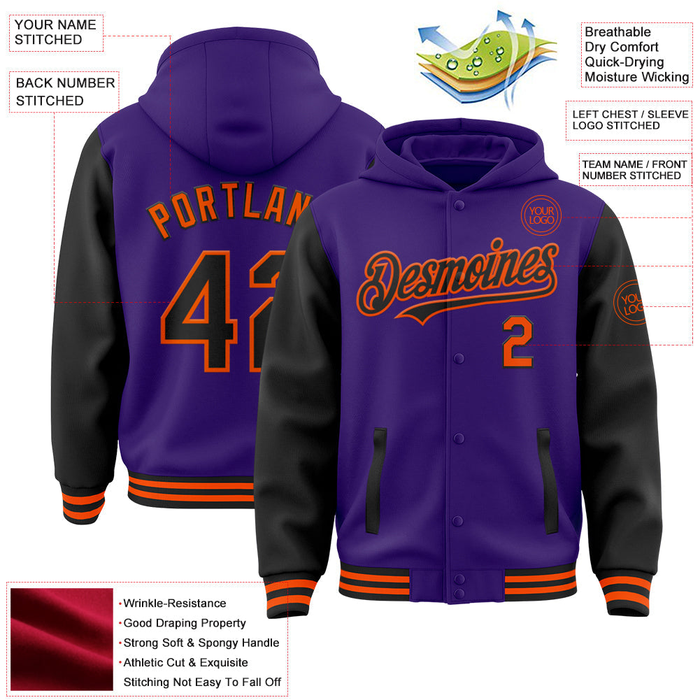 Custom Purple Black-Orange Bomber Full-Snap Varsity Letterman Two Tone Hoodie Jacket view 3