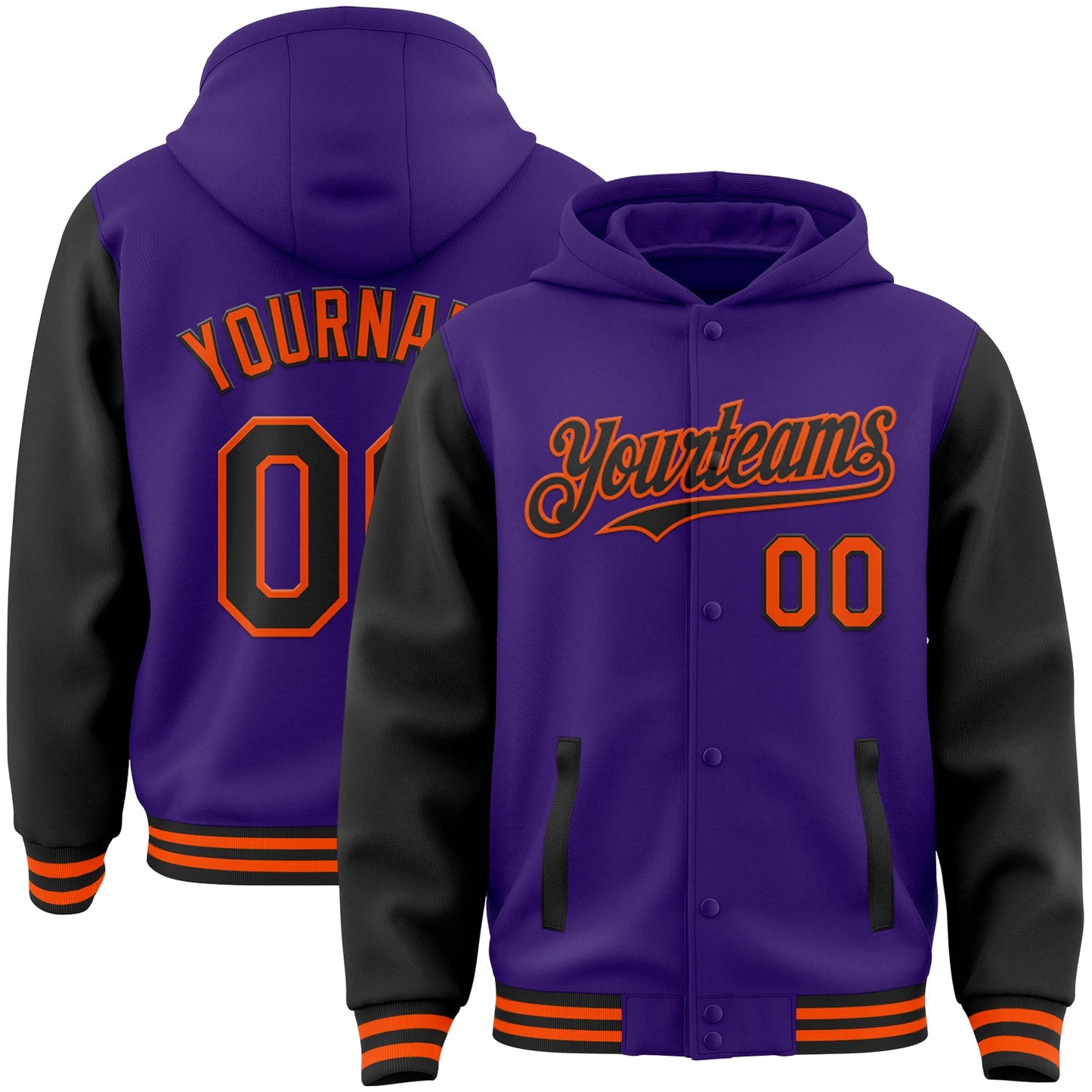 Custom Purple Black-Orange Bomber Full-Snap Varsity Letterman Two Tone Hoodie Jacket - Main View
