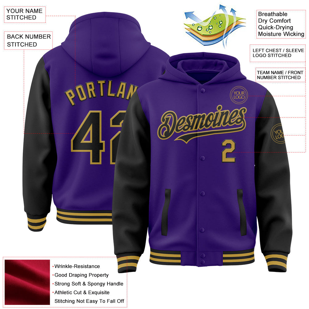 Custom Purple Black-Old Gold Bomber Full-Snap Varsity Letterman Two Tone Hoodie Jacket view 3