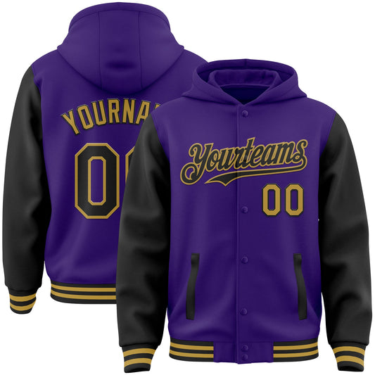 Custom Purple Black-Old Gold Bomber Full-Snap Varsity Letterman Two Tone Hoodie Jacket - Main View