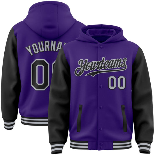 Custom Purple Black-Gray Bomber Full-Snap Varsity Letterman Two Tone Hoodie Jacket - Main View