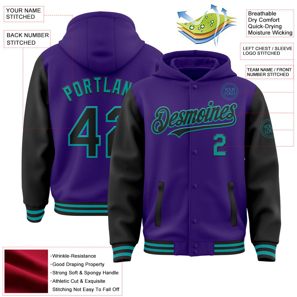 Custom Purple Black-Teal Bomber Full-Snap Varsity Letterman Two Tone Hoodie Jacket view 3