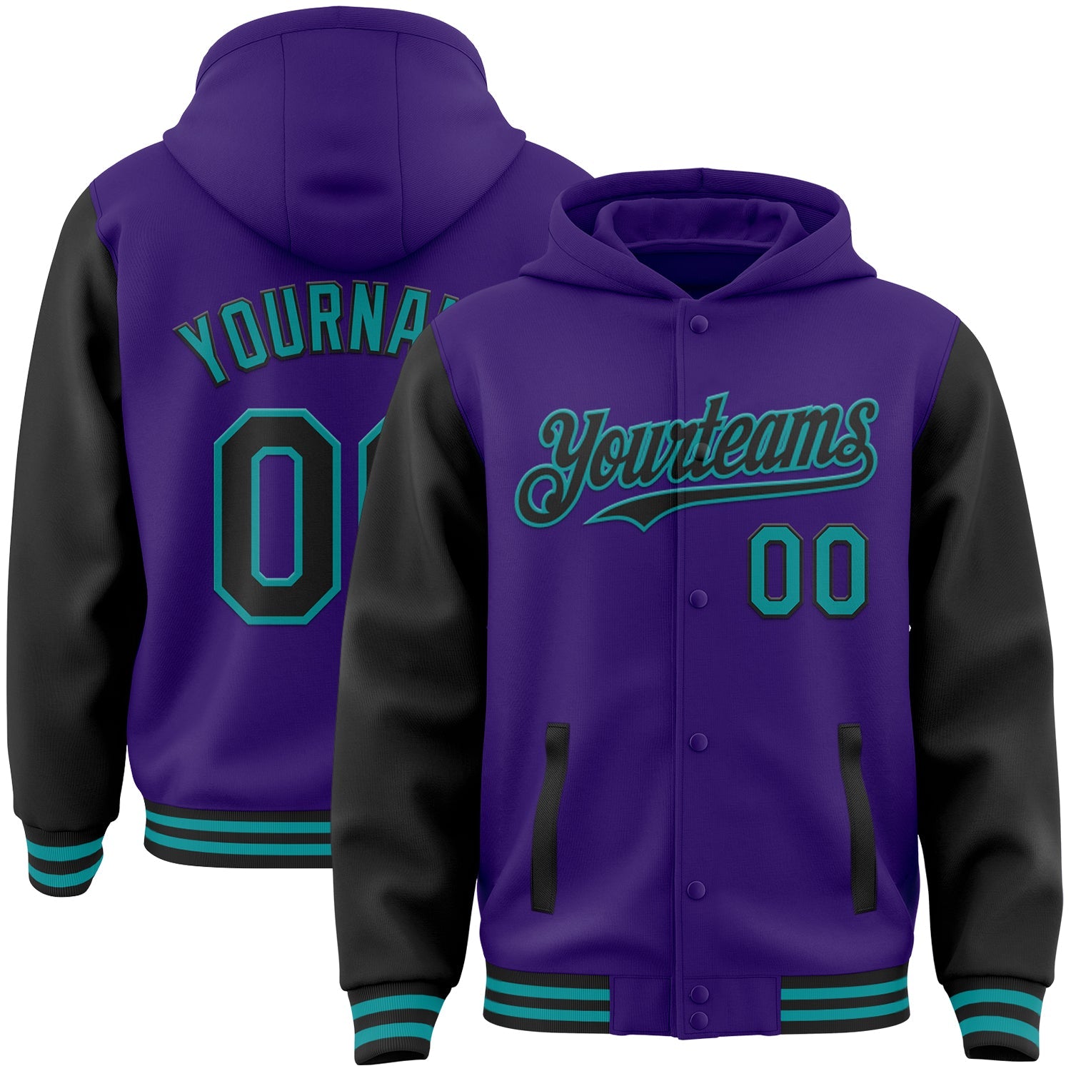 Custom Purple Black-Teal Bomber Full-Snap Varsity Letterman Two Tone Hoodie Jacket - Main View