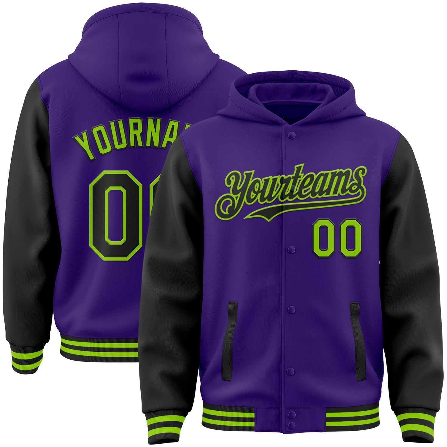 Custom Purple Black-Neon Green Bomber Full-Snap Varsity Letterman Two Tone Hoodie Jacket - Main View