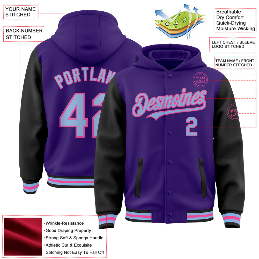Custom Purple Light Blue Black-Pink Bomber Full-Snap Varsity Letterman Two Tone Hoodie Jacket view 3