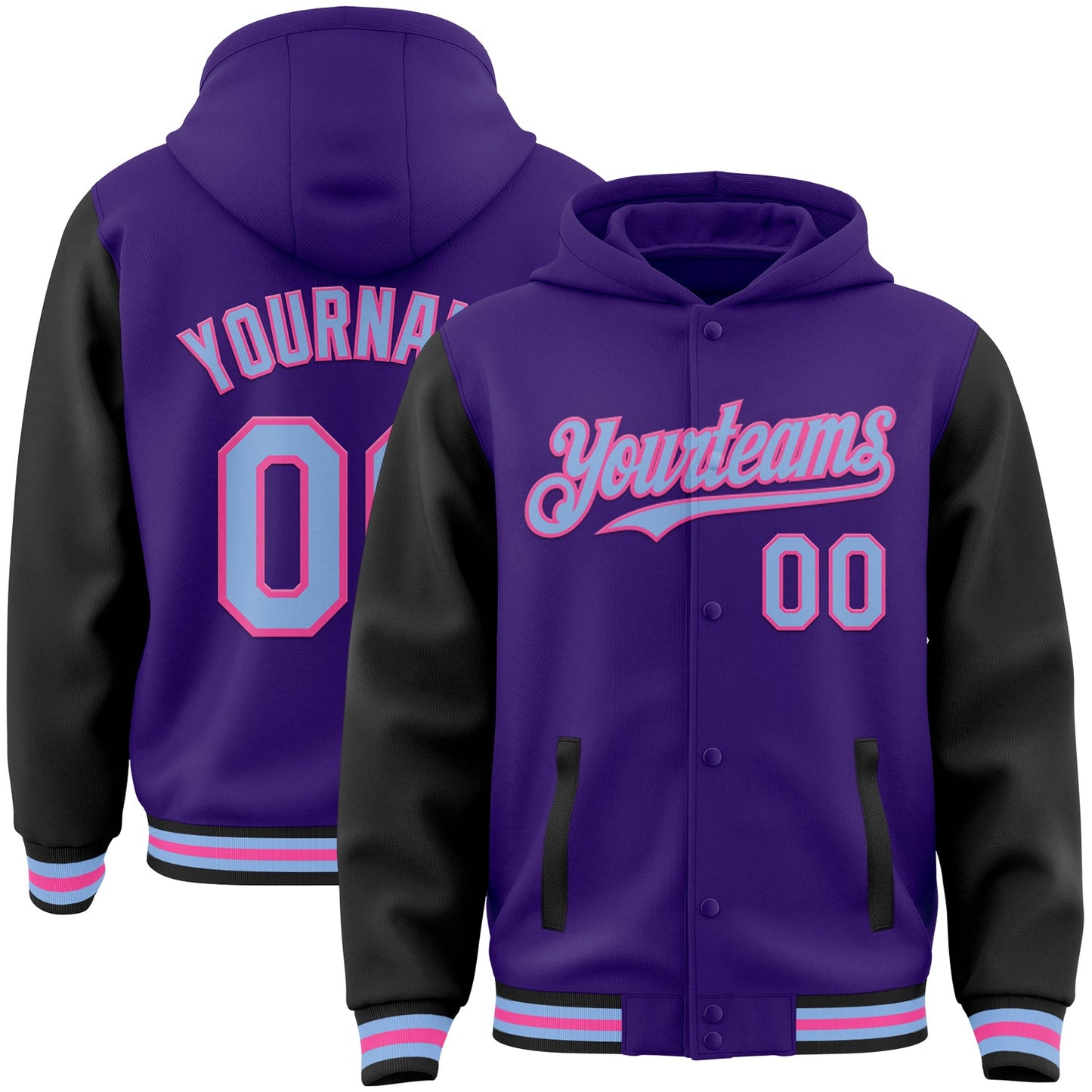Custom Purple Light Blue Black-Pink Bomber Full-Snap Varsity Letterman Two Tone Hoodie Jacket - Main View