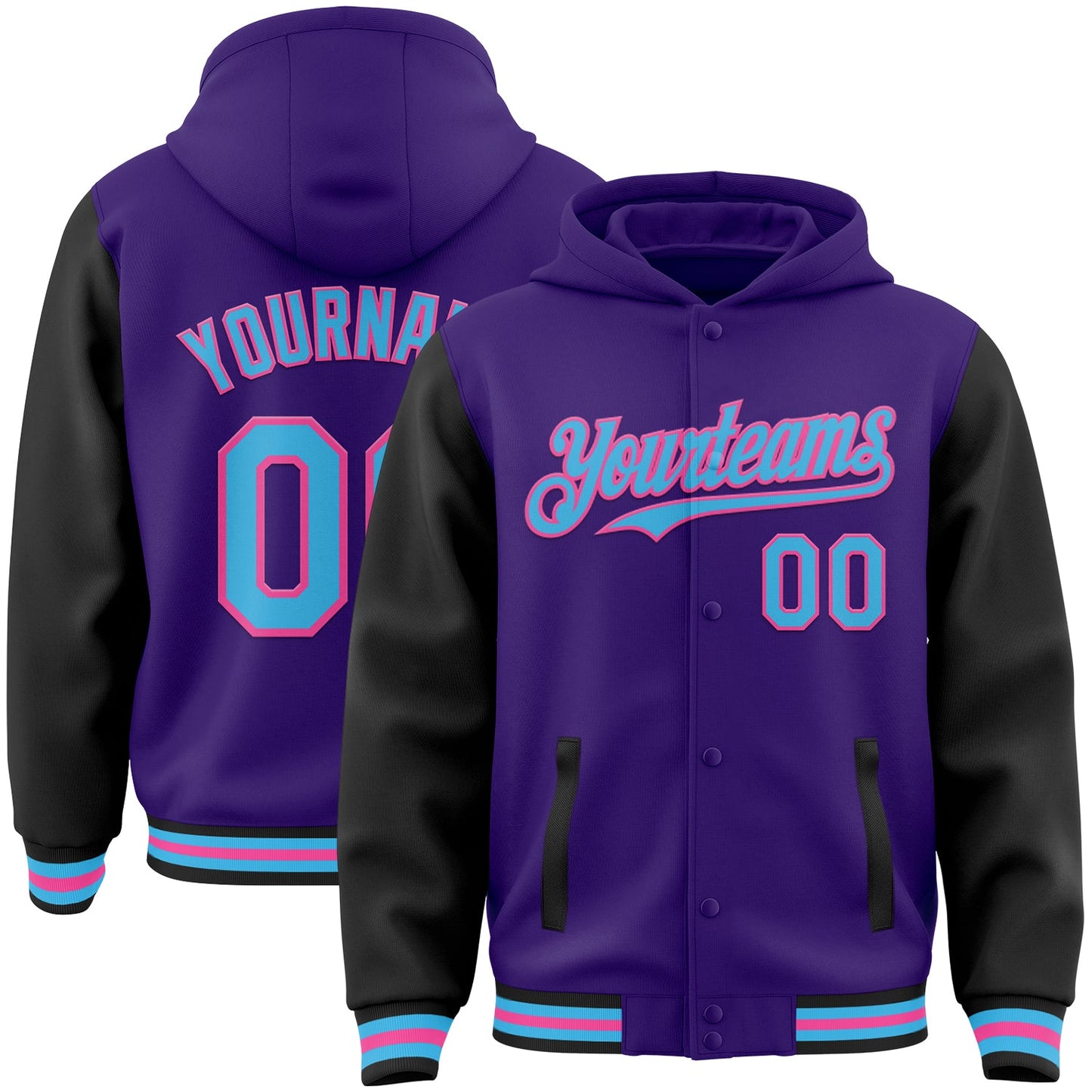Custom Purple Sky Blue Black-Pink Bomber Full-Snap Varsity Letterman Two Tone Hoodie Jacket - Main View