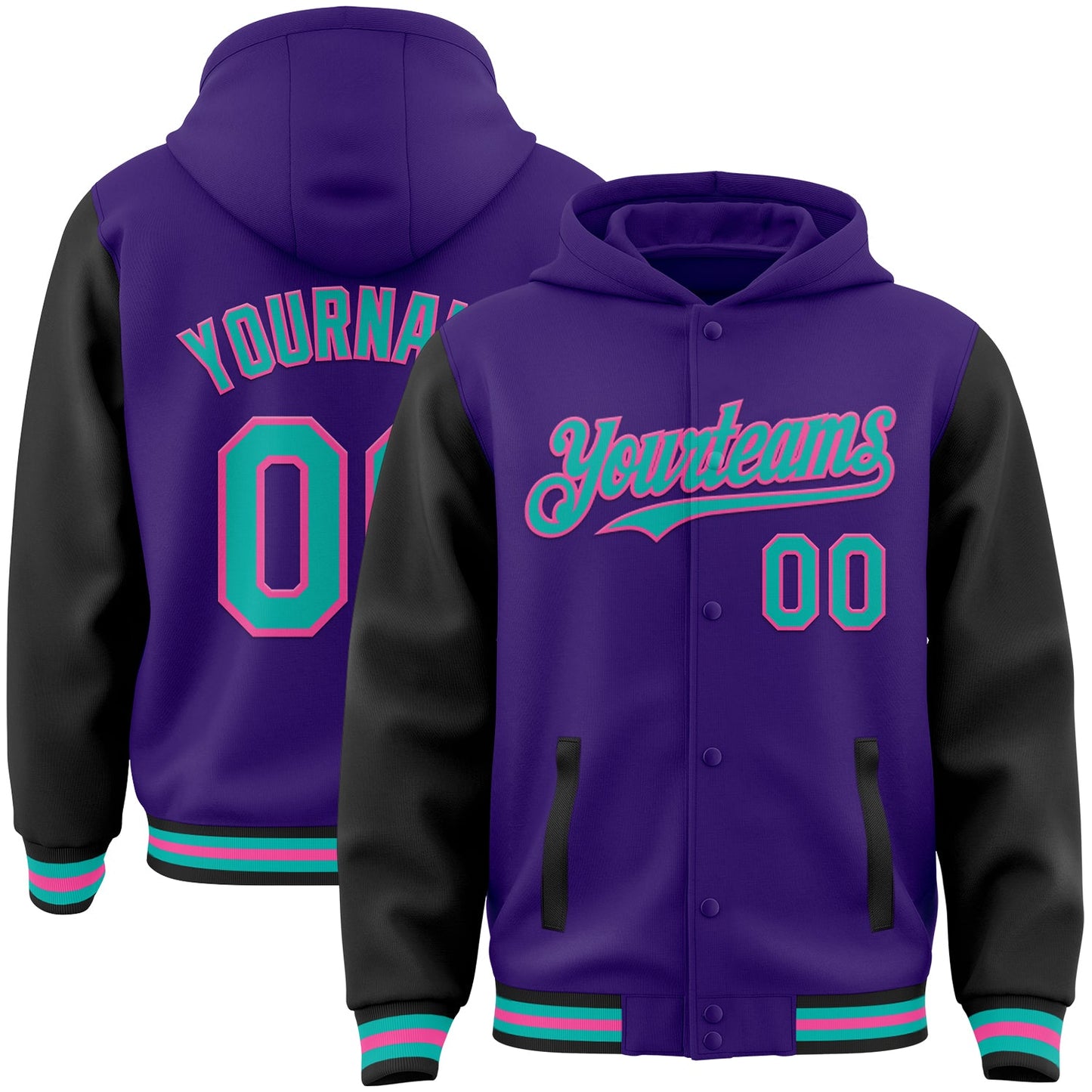 Custom Purple Aqua Black-Pink Bomber Full-Snap Varsity Letterman Two Tone Hoodie Jacket - Main View