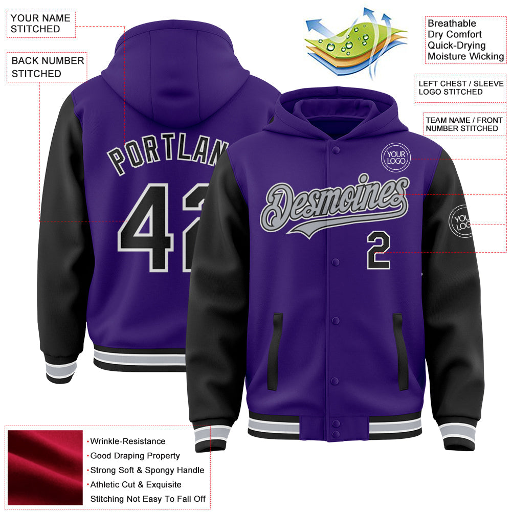 Custom Purple Black-Gray Bomber Full-Snap Varsity Letterman Two Tone Hoodie Jacket view 3