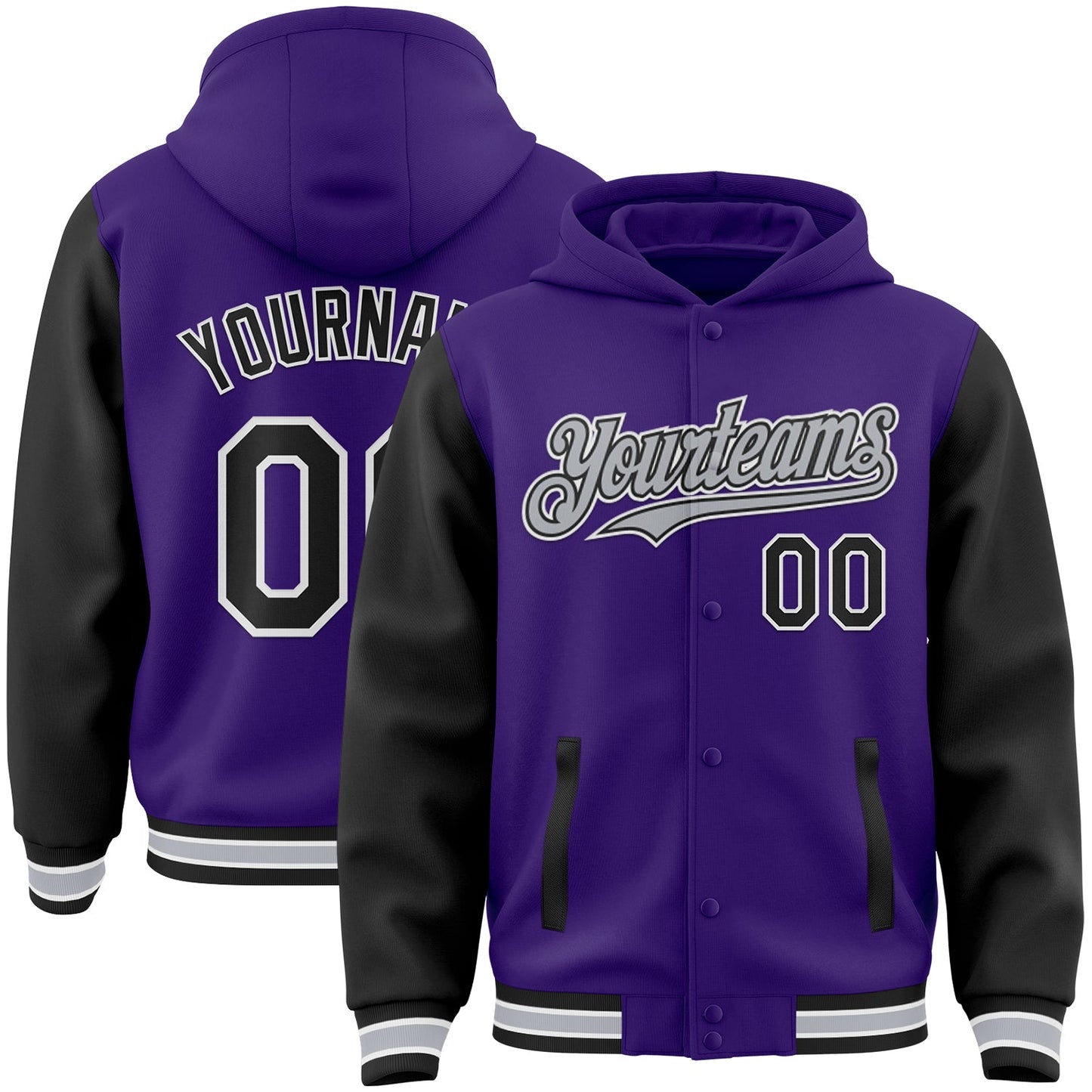 Custom Purple Black-Gray Bomber Full-Snap Varsity Letterman Two Tone Hoodie Jacket - Main View
