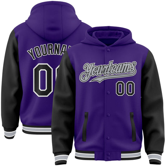 Custom Purple Black-Gray Bomber Full-Snap Varsity Letterman Two Tone Hoodie Jacket - Main View