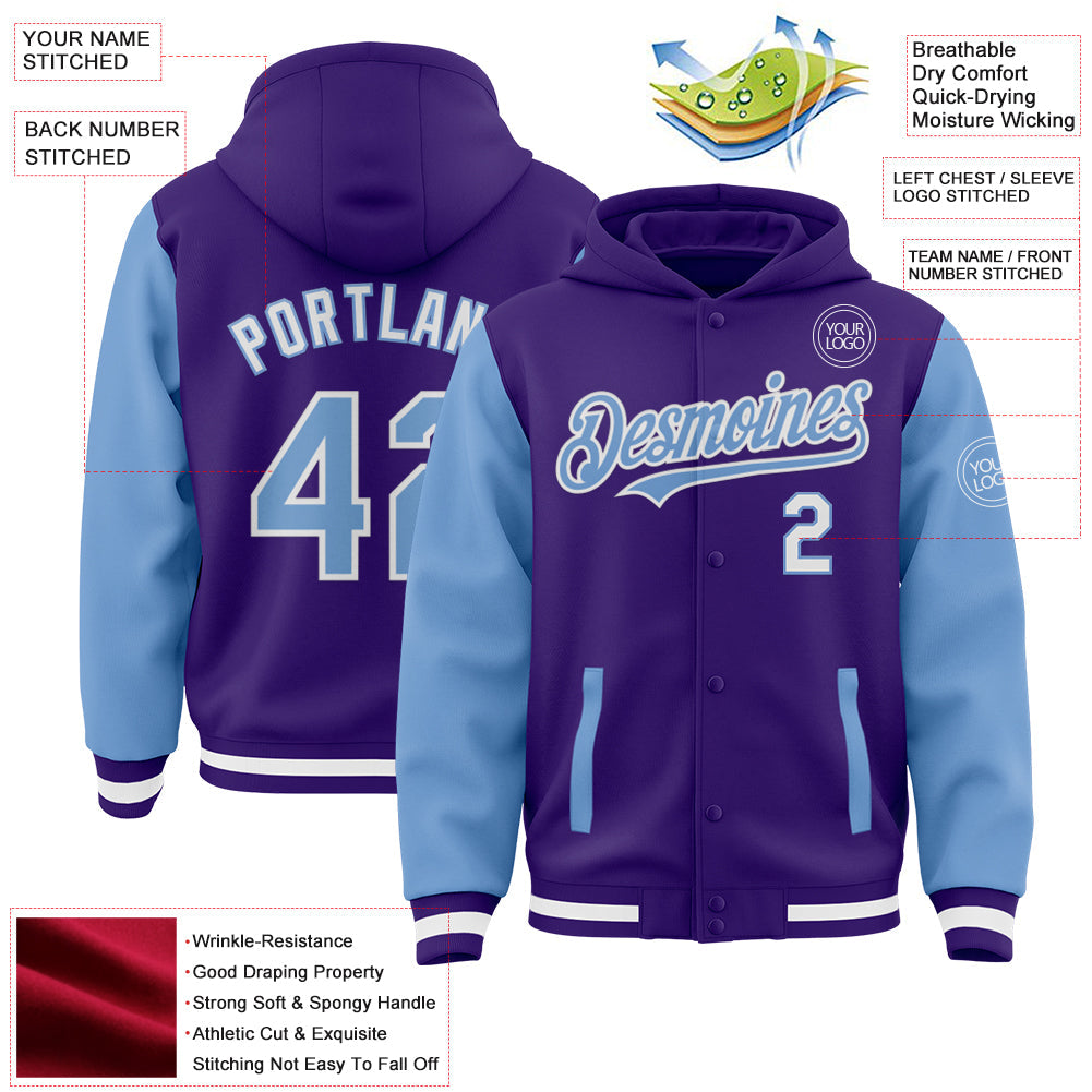Custom Purple Light Blue-White Bomber Full-Snap Varsity Letterman Two Tone Hoodie Jacket view 3