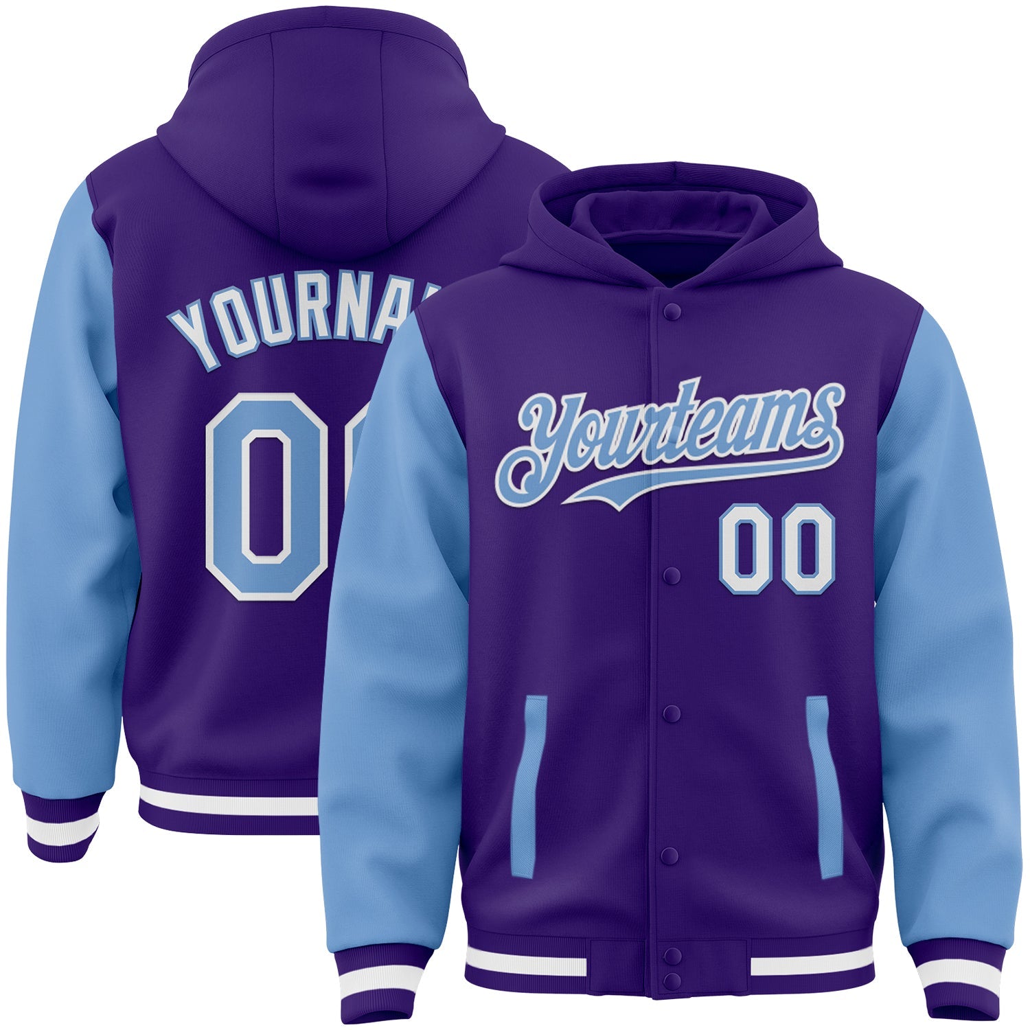 Custom Purple Light Blue-White Bomber Full-Snap Varsity Letterman Two Tone Hoodie Jacket - Main View
