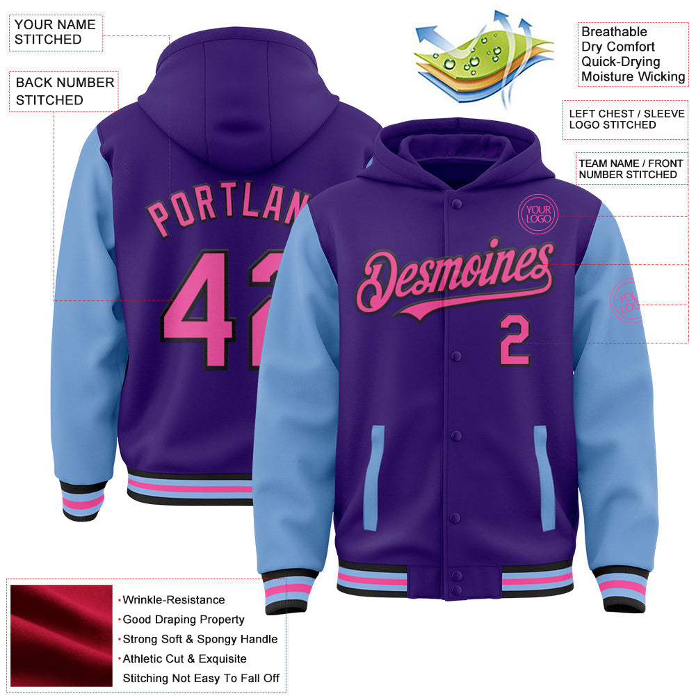 Custom Purple Pink Light Blue-Black Bomber Full-Snap Varsity Letterman Two Tone Hoodie Jacket view 3