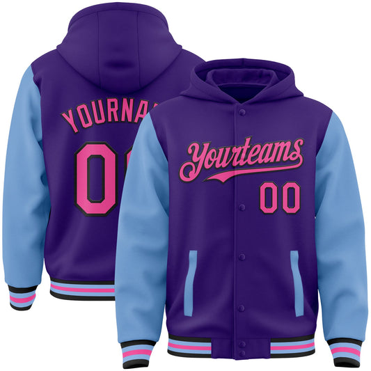 Custom Purple Pink Light Blue-Black Bomber Full-Snap Varsity Letterman Two Tone Hoodie Jacket - Main View
