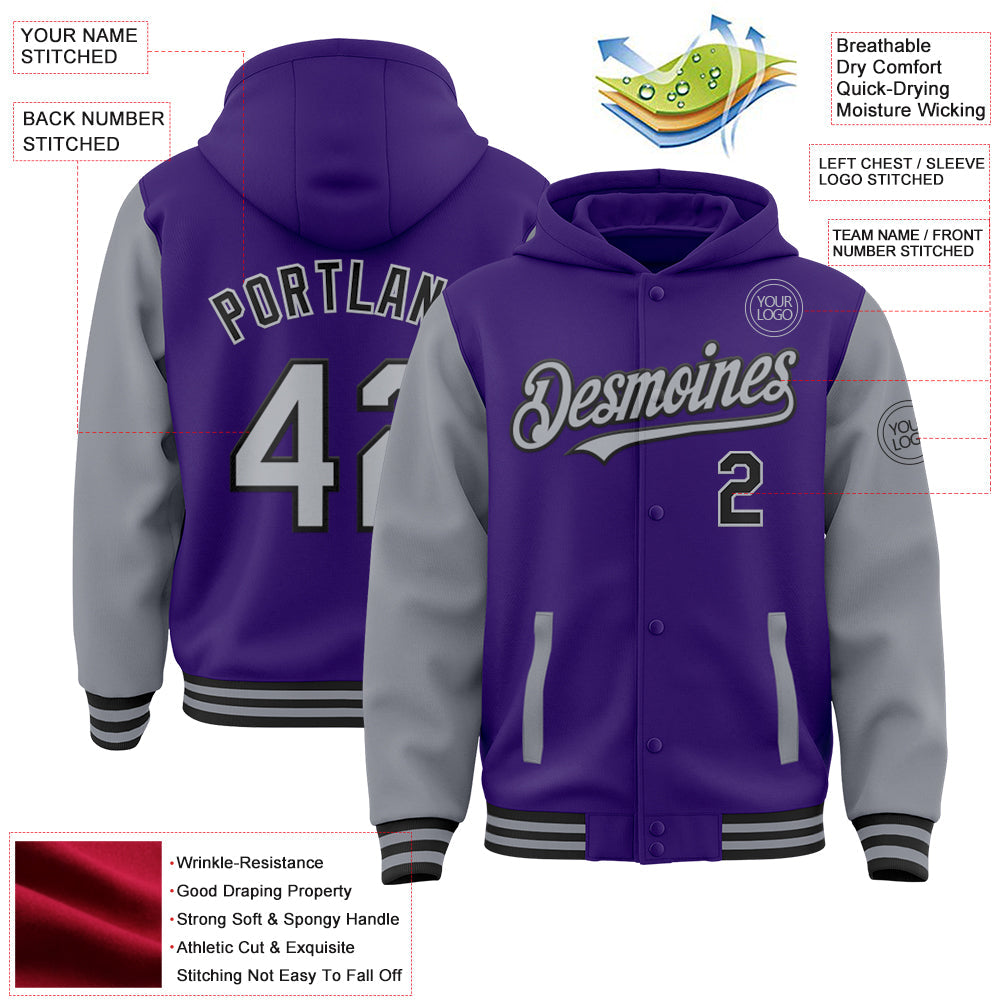 Custom Purple Gray-Black Bomber Full-Snap Varsity Letterman Two Tone Hoodie Jacket view 3