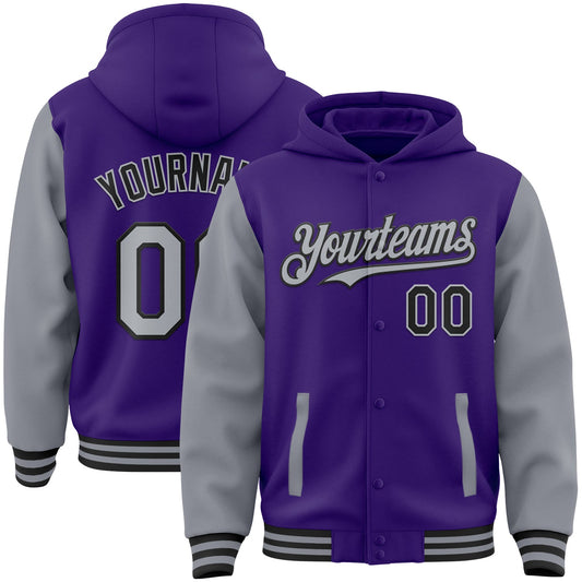 Custom Purple Gray-Black Bomber Full-Snap Varsity Letterman Two Tone Hoodie Jacket - Main View