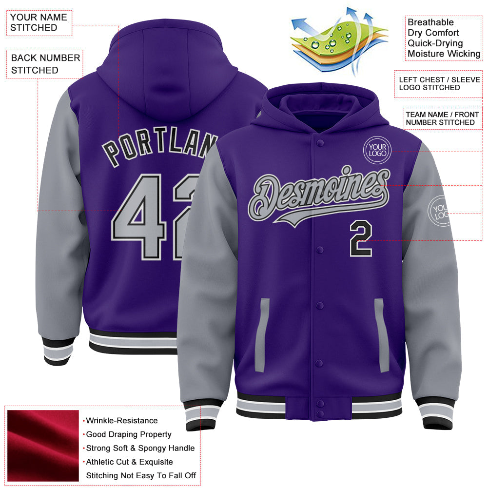 Custom Purple Gray-Black Bomber Full-Snap Varsity Letterman Two Tone Hoodie Jacket view 3