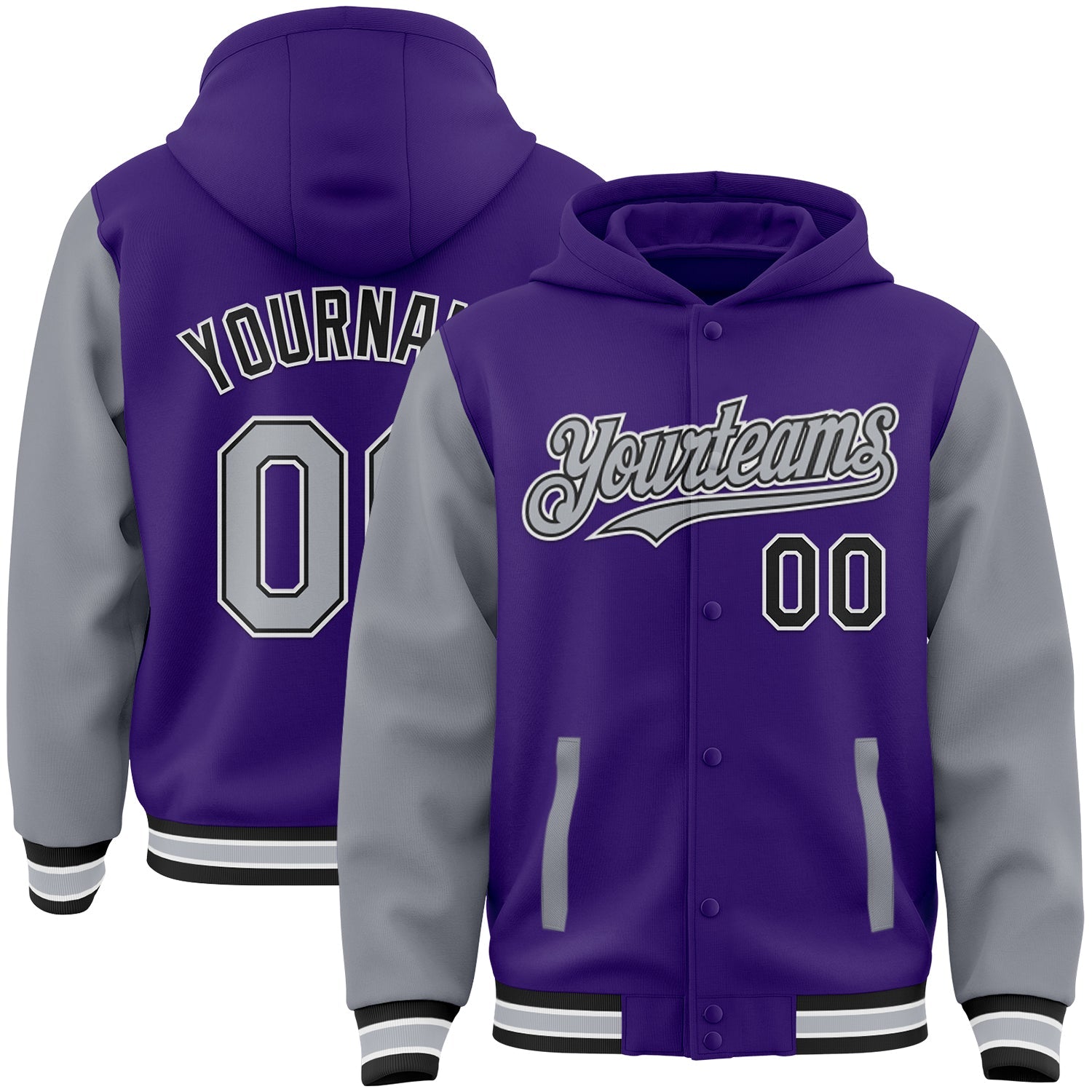 Custom Purple Gray-Black Bomber Full-Snap Varsity Letterman Two Tone Hoodie Jacket - Main View