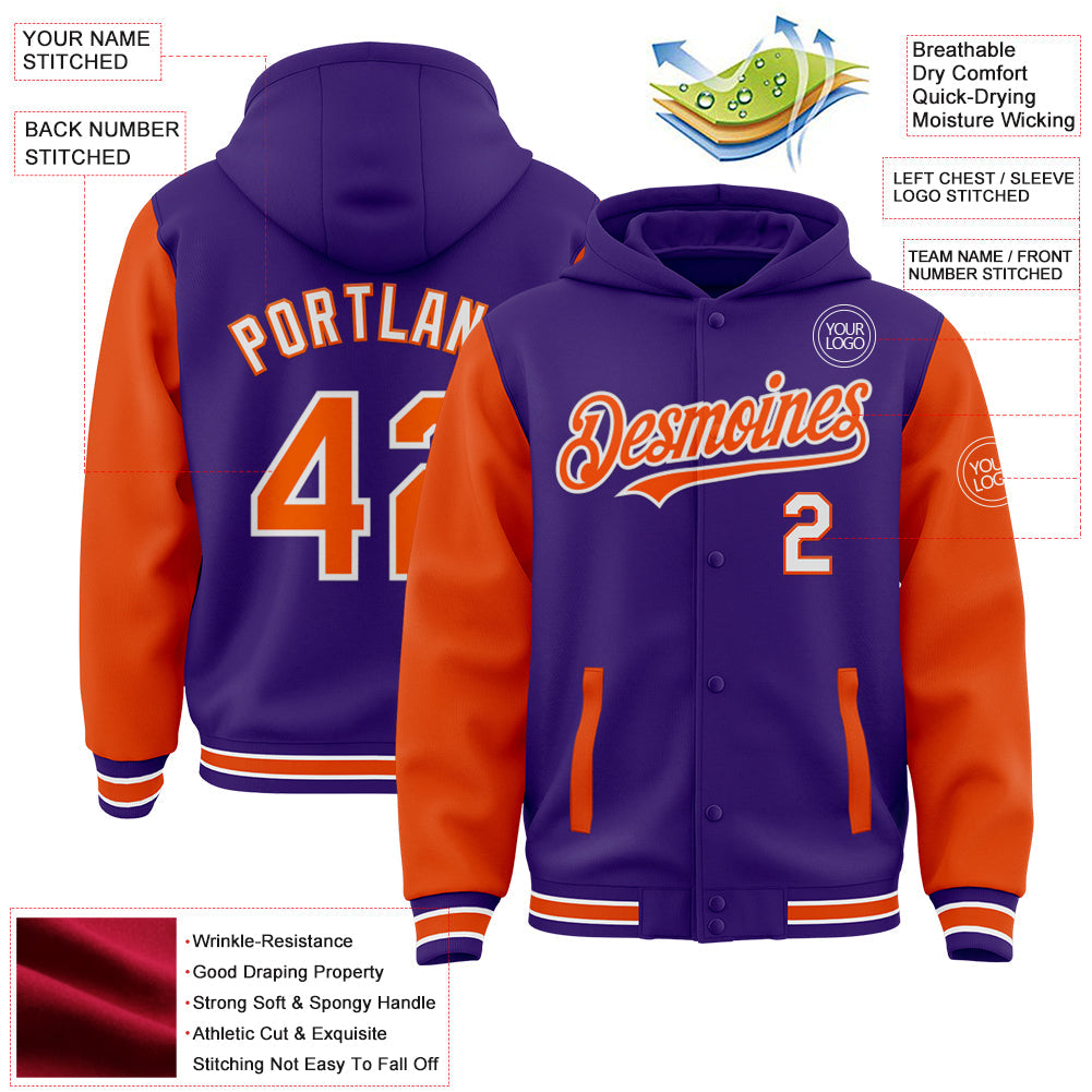 Custom Purple Orange-White Bomber Full-Snap Varsity Letterman Two Tone Hoodie Jacket view 3