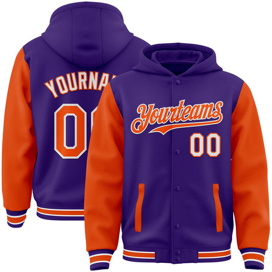 Custom Purple Orange-White Bomber Full-Snap Varsity Letterman Two Tone Hoodie Jacket - Main View
