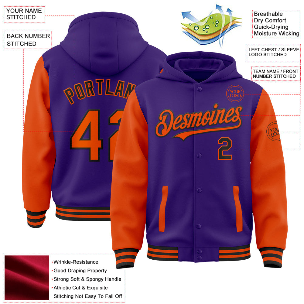 Custom Purple Orange-Black Bomber Full-Snap Varsity Letterman Two Tone Hoodie Jacket view 3