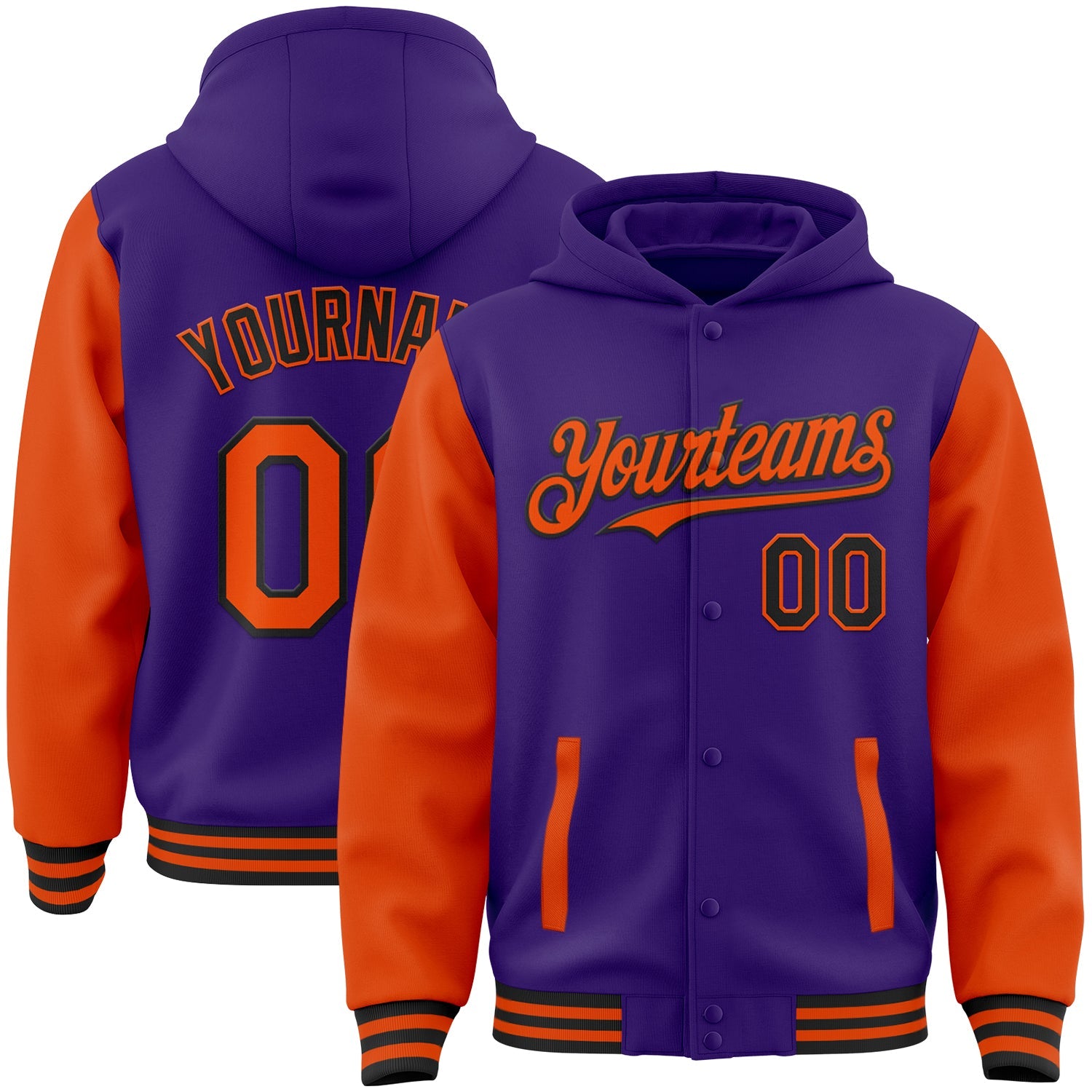 Custom Purple Orange-Black Bomber Full-Snap Varsity Letterman Two Tone Hoodie Jacket - Main View