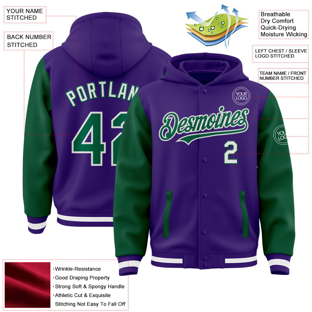 Custom Purple Kelly Green-White Bomber Full-Snap Varsity Letterman Two Tone Hoodie Jacket view 3