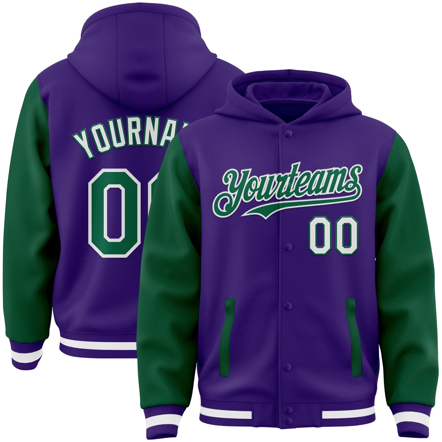 Custom Purple Kelly Green-White Bomber Full-Snap Varsity Letterman Two Tone Hoodie Jacket - Main View