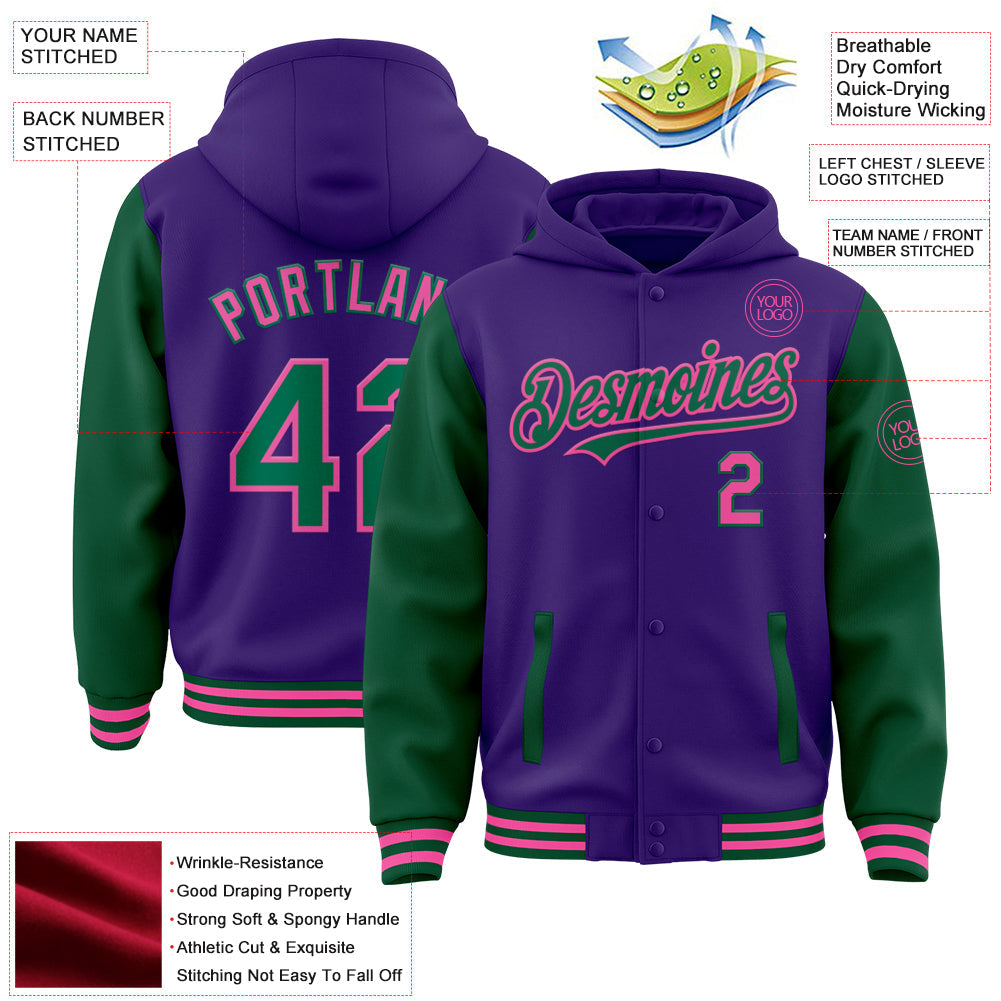 Custom Purple Kelly Green-Pink Bomber Full-Snap Varsity Letterman Two Tone Hoodie Jacket view 3
