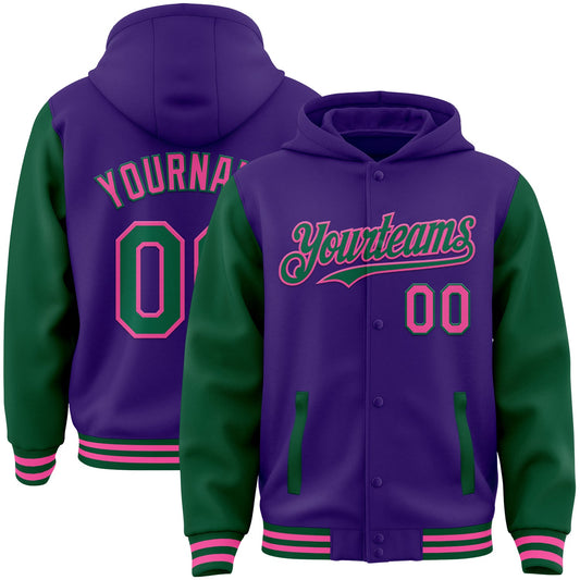 Custom Purple Kelly Green-Pink Bomber Full-Snap Varsity Letterman Two Tone Hoodie Jacket - Main View