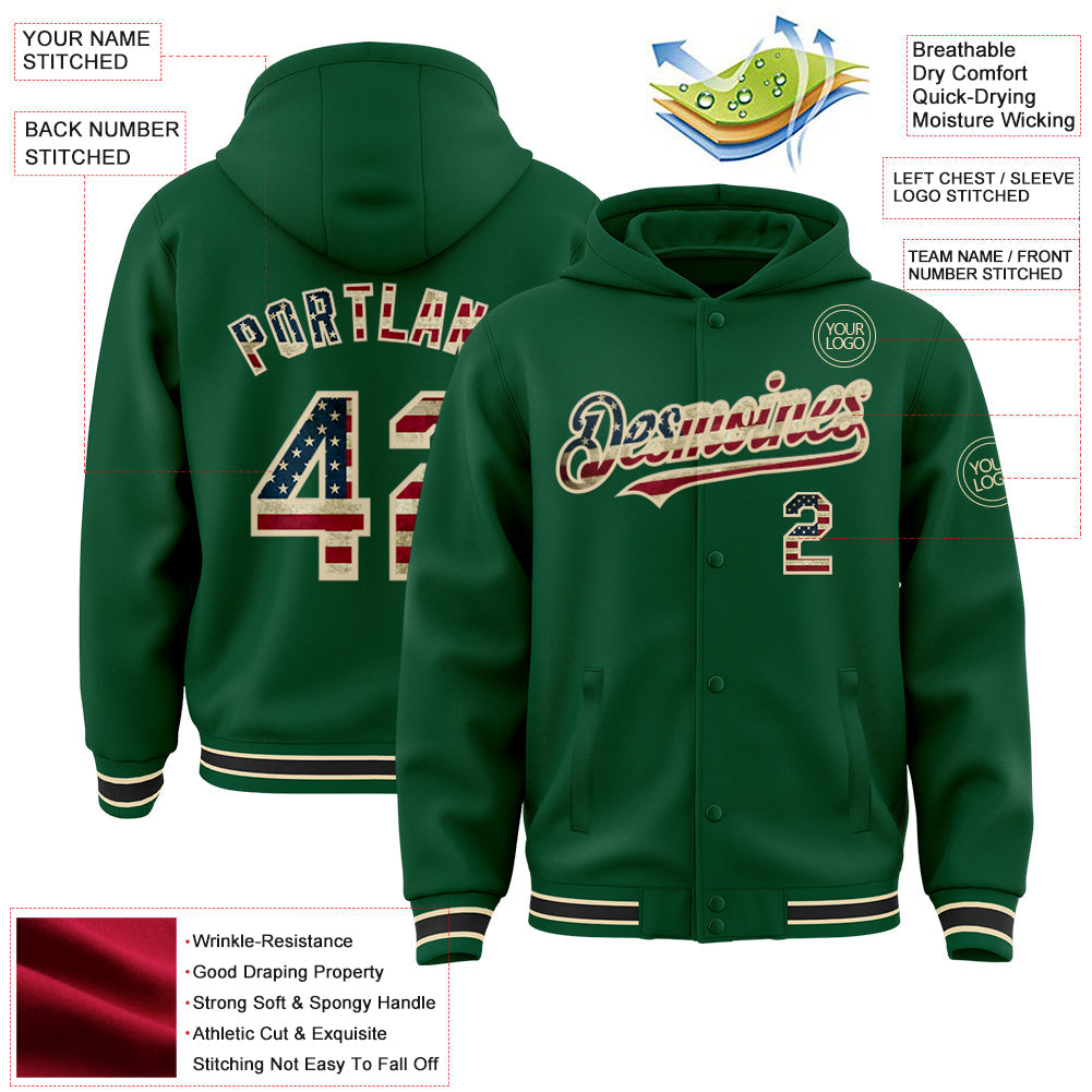 Custom Kelly Green Vintage USA Flag Cream-Black Bomber Full-Snap Varsity Letterman Hoodie Jacket view 3
