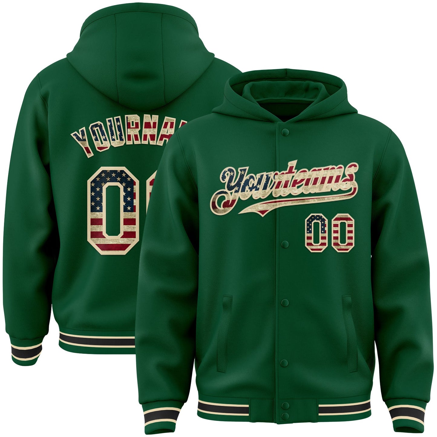 Custom Kelly Green Vintage USA Flag Cream-Black Bomber Full-Snap Varsity Letterman Hoodie Jacket - Main View