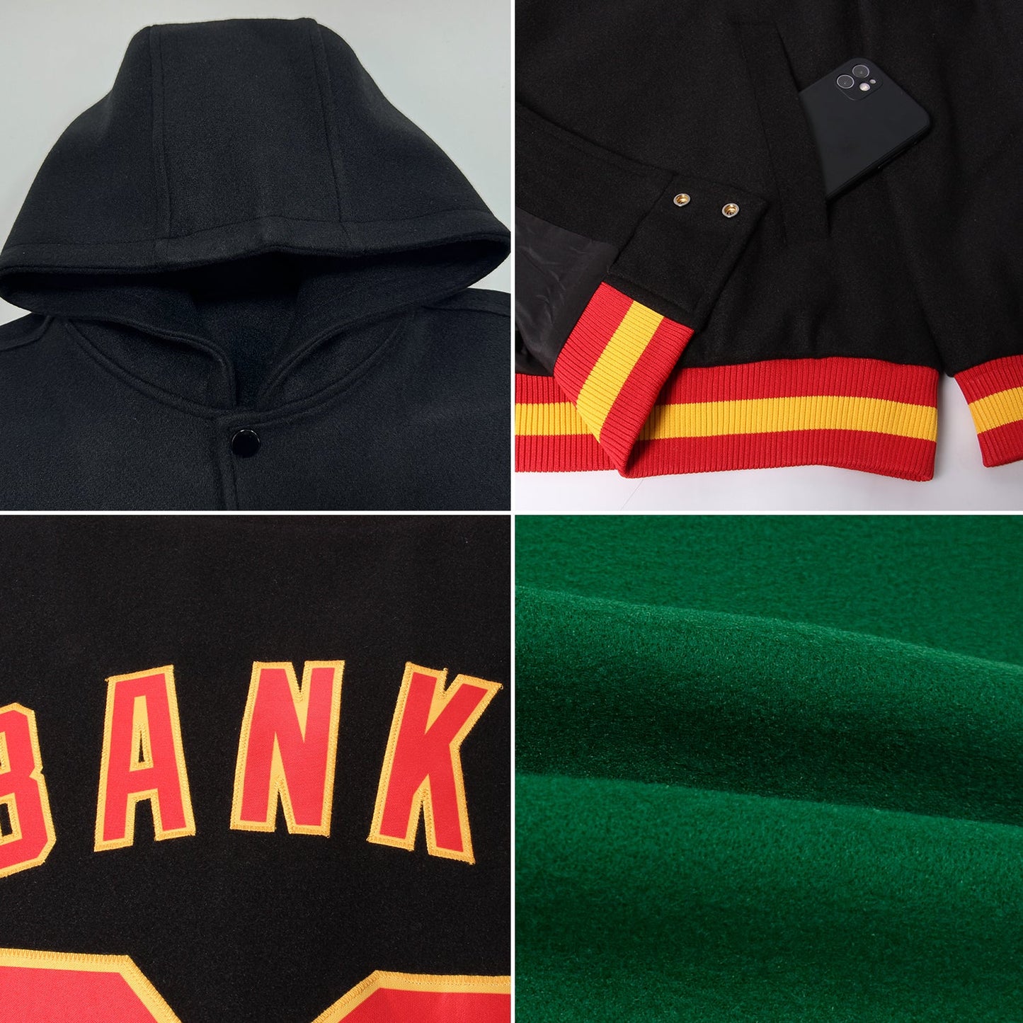 Custom Kelly Green Vintage Mexican Flag Cream-Black Bomber Full-Snap Varsity Letterman Hoodie Jacket view 2