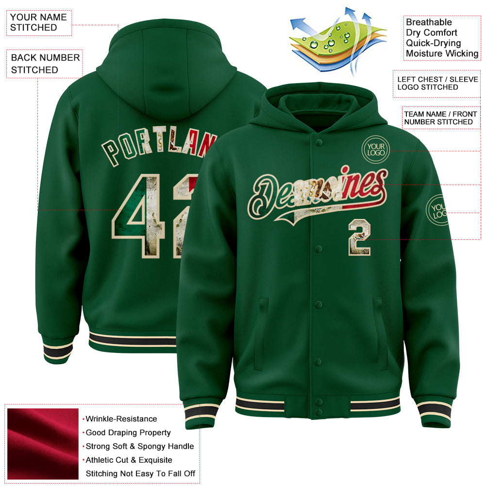 Custom Kelly Green Vintage Mexican Flag Cream-Black Bomber Full-Snap Varsity Letterman Hoodie Jacket view 3