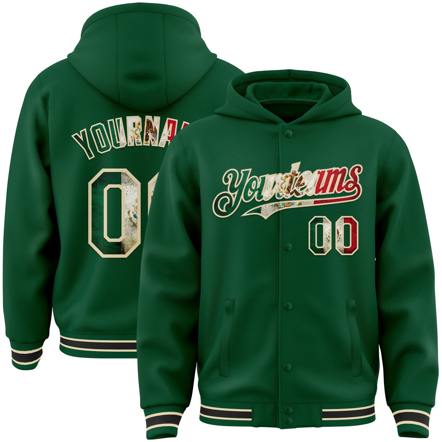 Custom Kelly Green Vintage Mexican Flag Cream-Black Bomber Full-Snap Varsity Letterman Hoodie Jacket - Main View