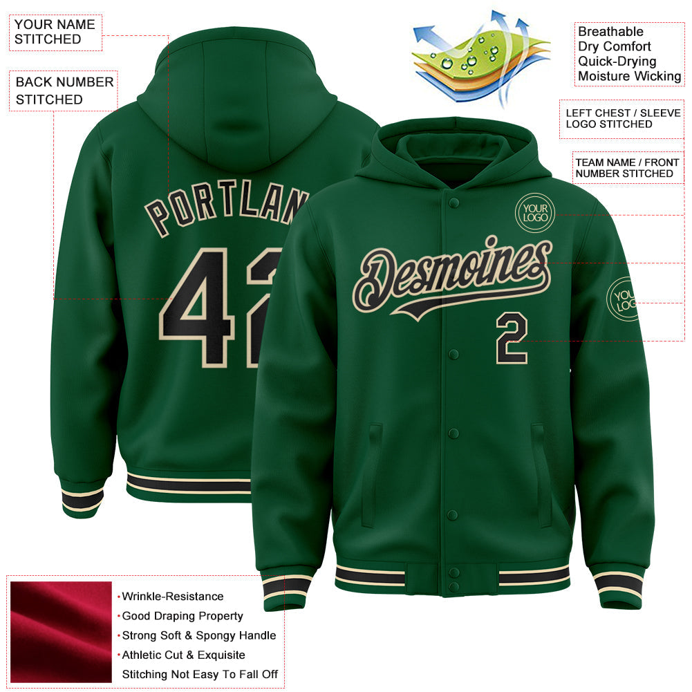 Custom Kelly Green Black-Cream Bomber Full-Snap Varsity Letterman Hoodie Jacket view 3