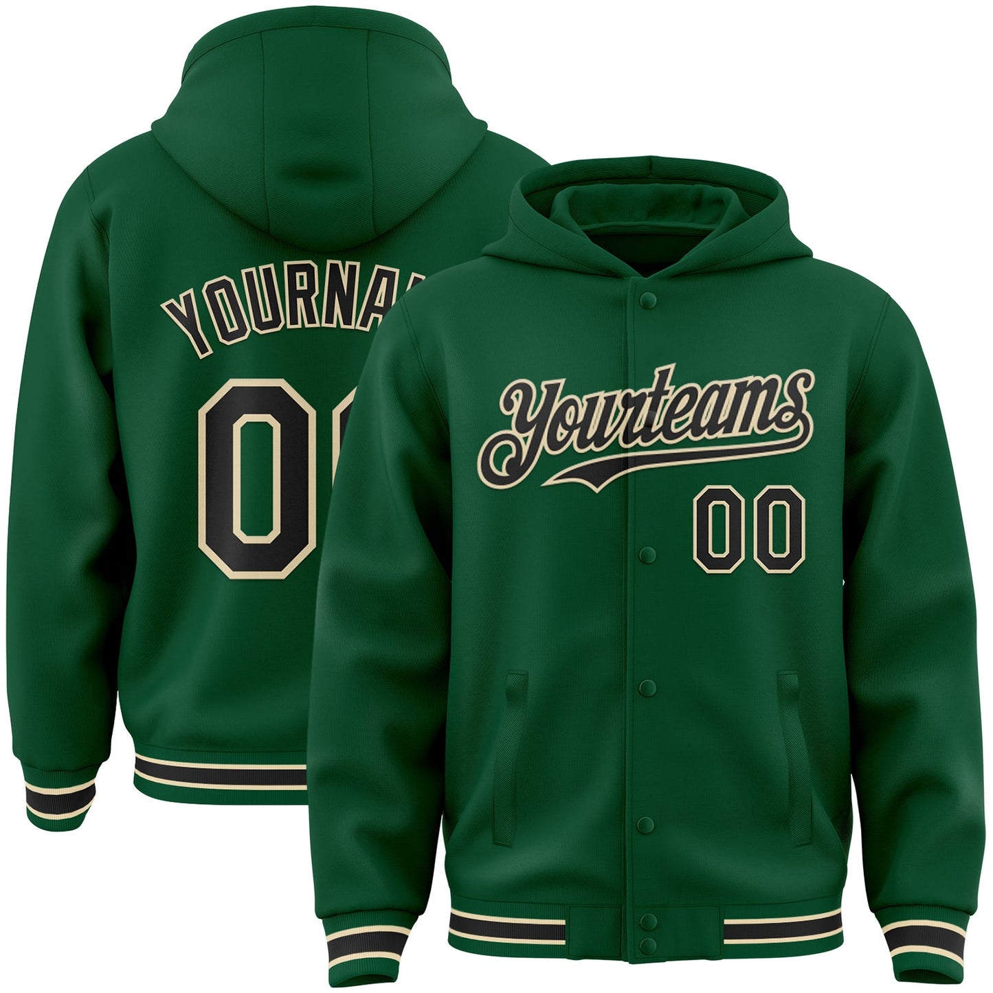 Custom Kelly Green Black-Cream Bomber Full-Snap Varsity Letterman Hoodie Jacket - Main View