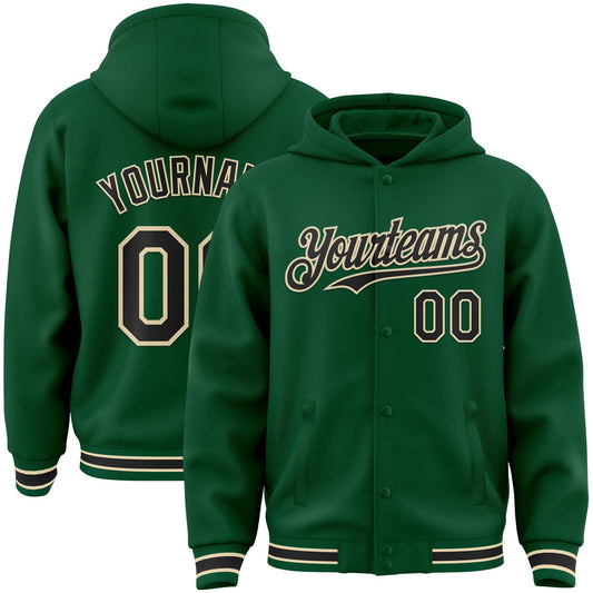 Custom Kelly Green Black-Cream Bomber Full-Snap Varsity Letterman Hoodie Jacket - Main View