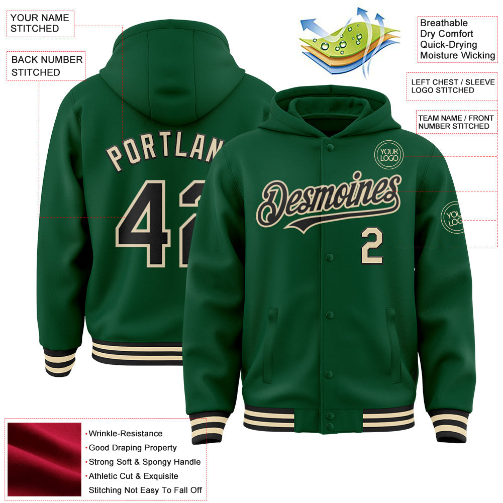 Custom Kelly Green Black-Cream Bomber Full-Snap Varsity Letterman Hoodie Jacket view 3