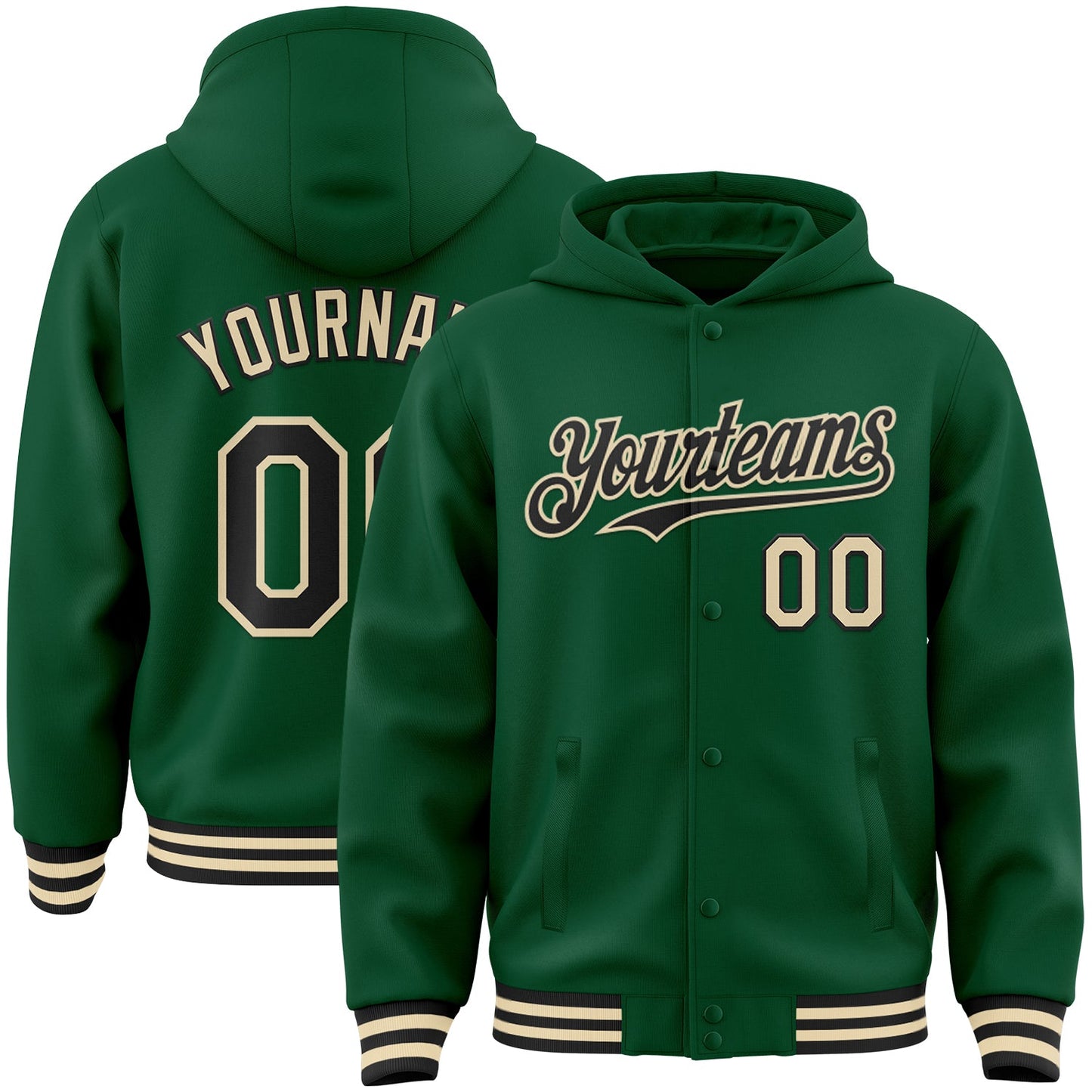 Custom Kelly Green Black-Cream Bomber Full-Snap Varsity Letterman Hoodie Jacket - Main View