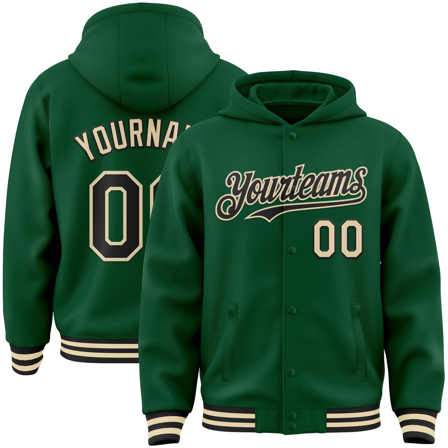 Custom Kelly Green Black-Cream Bomber Full-Snap Varsity Letterman Hoodie Jacket - Main View